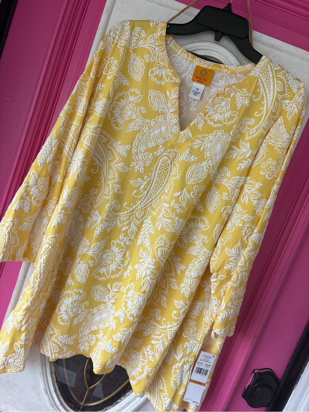 Ruby Rd. Yellow Paisley Split V-Neck Blouse - Picture 6 of 9